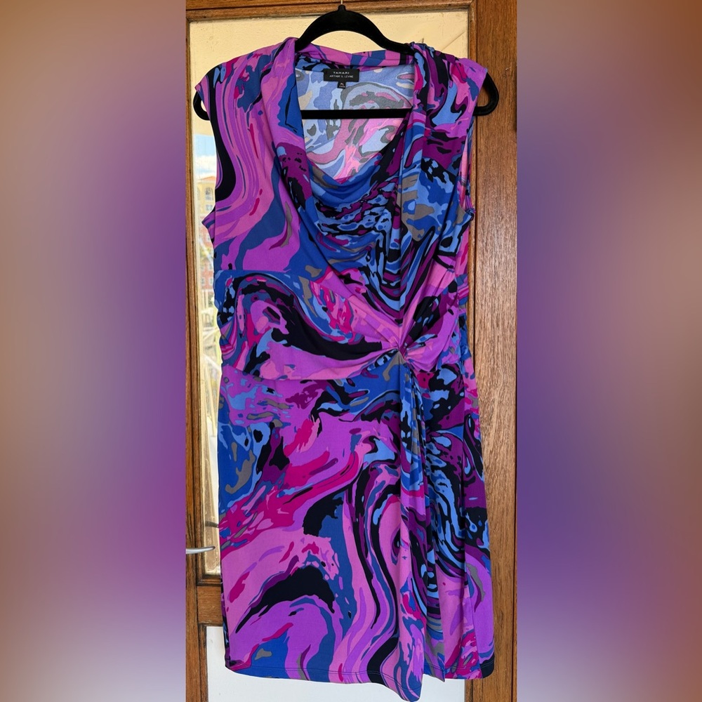 Tahari-Arthur S Levine Midi Jersey Knit Dress, Blue/Purple/Black Abstract Print